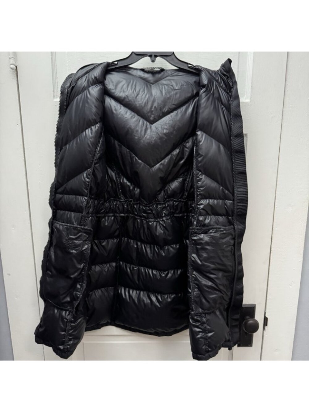 Athleta Goose Down Puffer Coat Women Medium Black Hooded Long Jacket - Picture 7 of 10